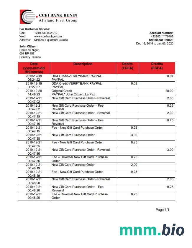 Gwinea Równikowa ccei Bank Benin wyciąg bankowy łatwe do wypełnienia szablonu .xls i .format pliku pdf